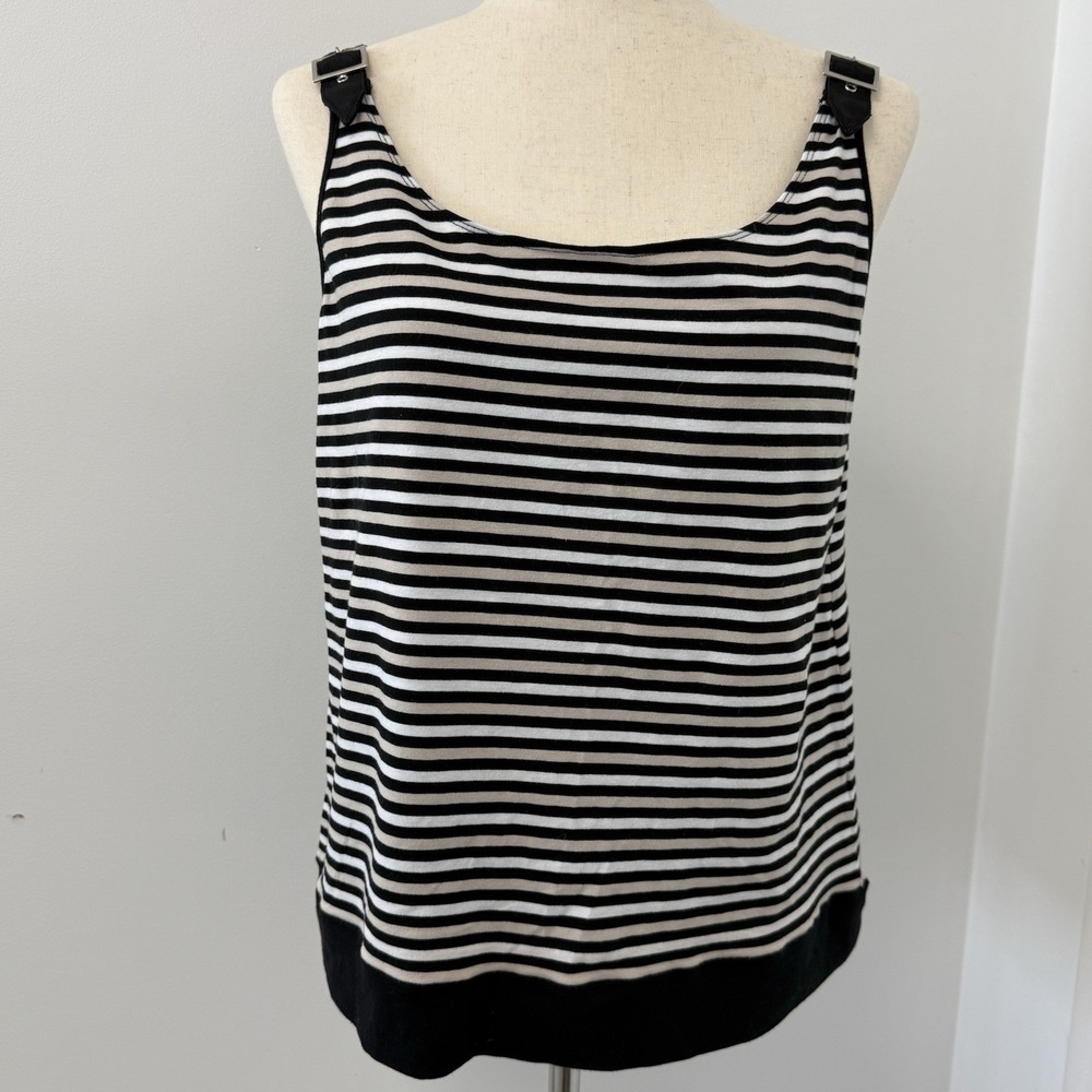 Vintage 90s Y2k Dark Stripe Tank Top Grunge Goth Black Beige Tank Top Women's L